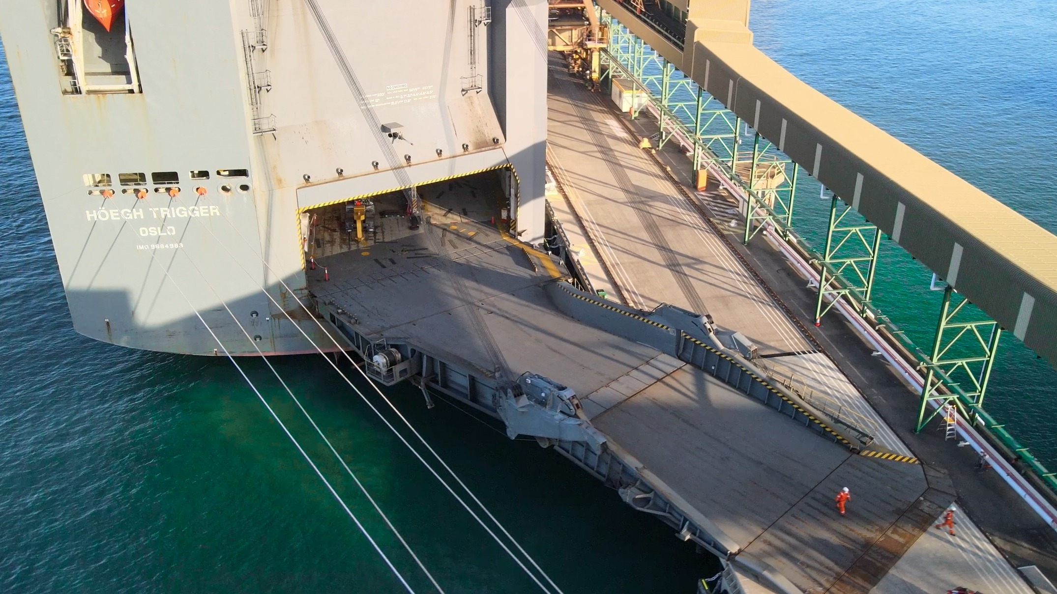 Aerial view of unloading the trucks from the Hoegh Trigger